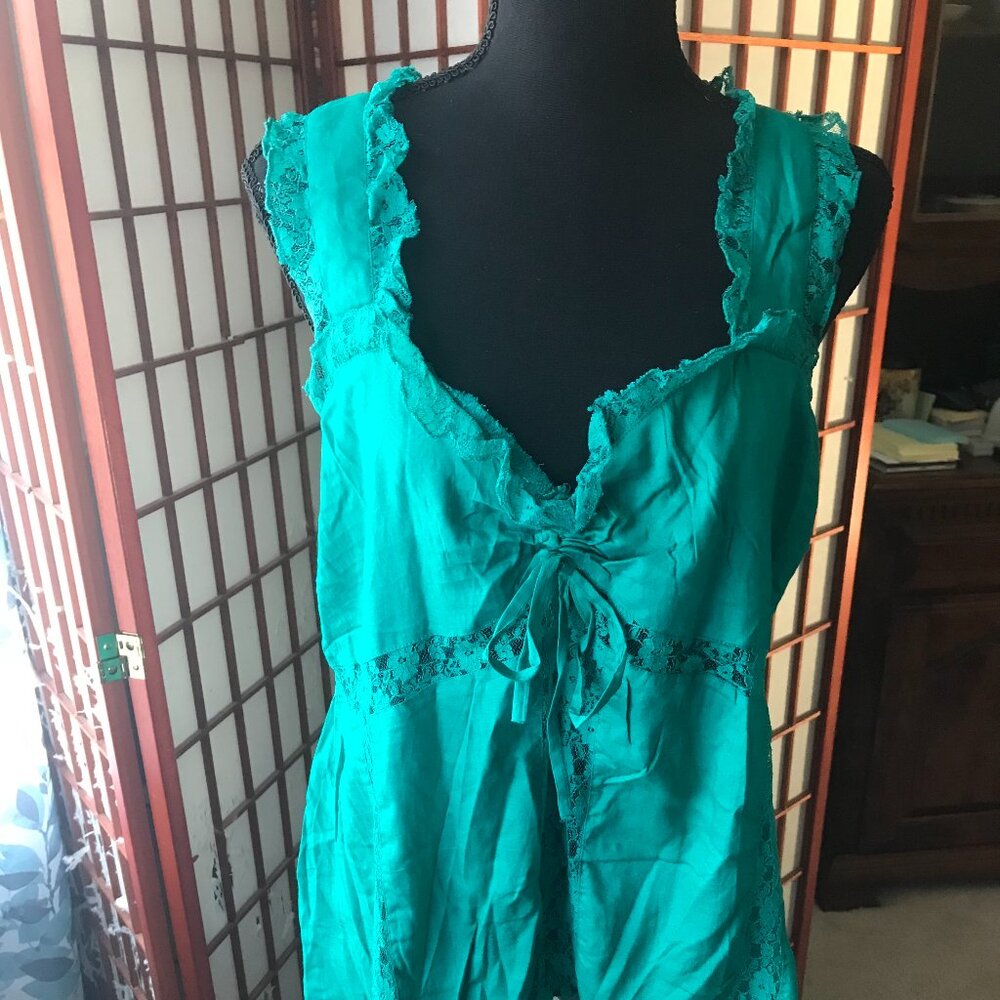 Junior Plus Teal Lace Trim Sleeveless Gathered Front Self-Tie Drawstring Top NWT